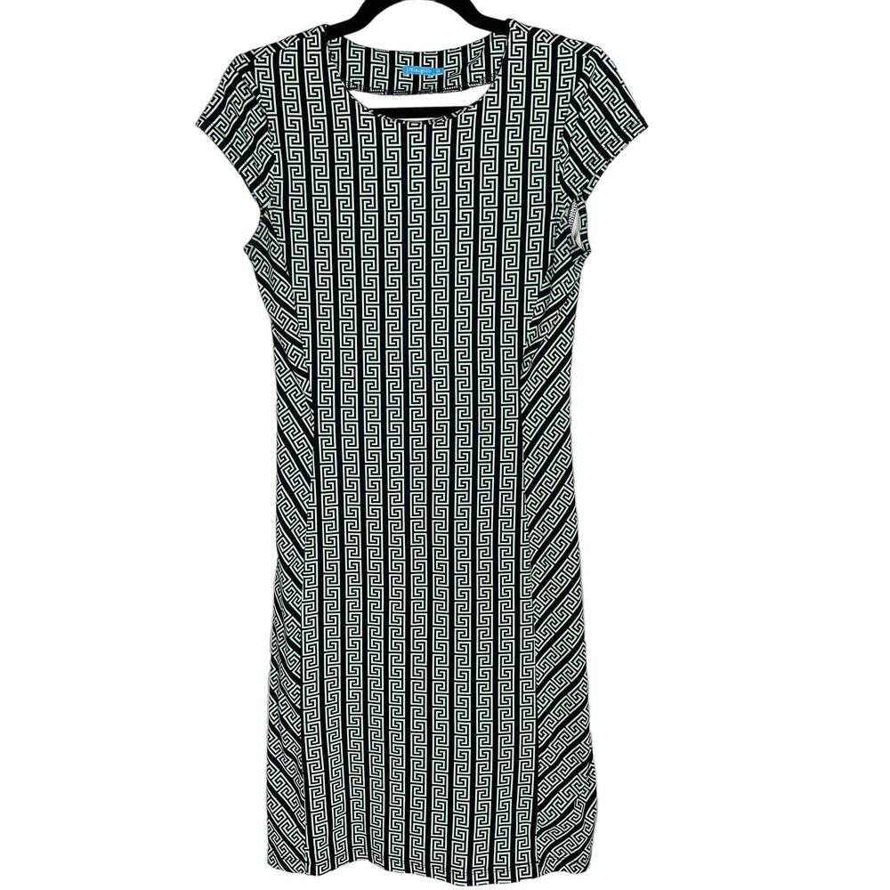 J McLaughlin XS Green Black Greek Key Sheath Dress Short Sleeve Catalina Cloth